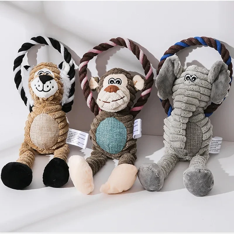 Dog Plush Toys Pet Squeaky Animal Toy Dog Bite-Resistant Clean Teeth Chew Toy Pet Supplies Interactive Toys Lion Elepant Monkey