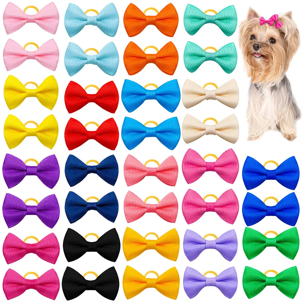 30pcs Cute Pet Dog Hair Bows Solid Grooming Bows with Rubber Band Gifts for Small Dogs Hand-made Headwear Dog Supplies